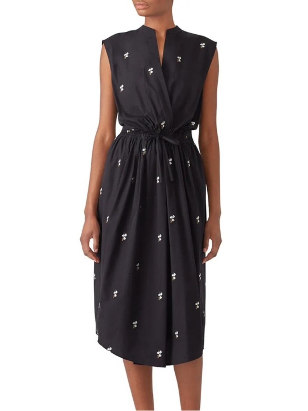 VINCE. Black Cotton Poplin Embroidered Micro Floral Utility Dress Midi Size L